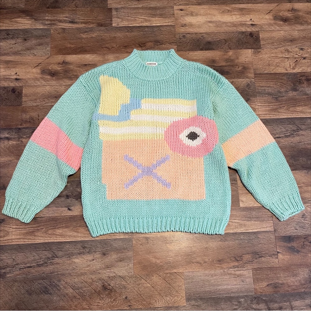 VTG 80s 90s| One Step Up Handmade Chunky Knit Abstract Eye Pastel Sweater
